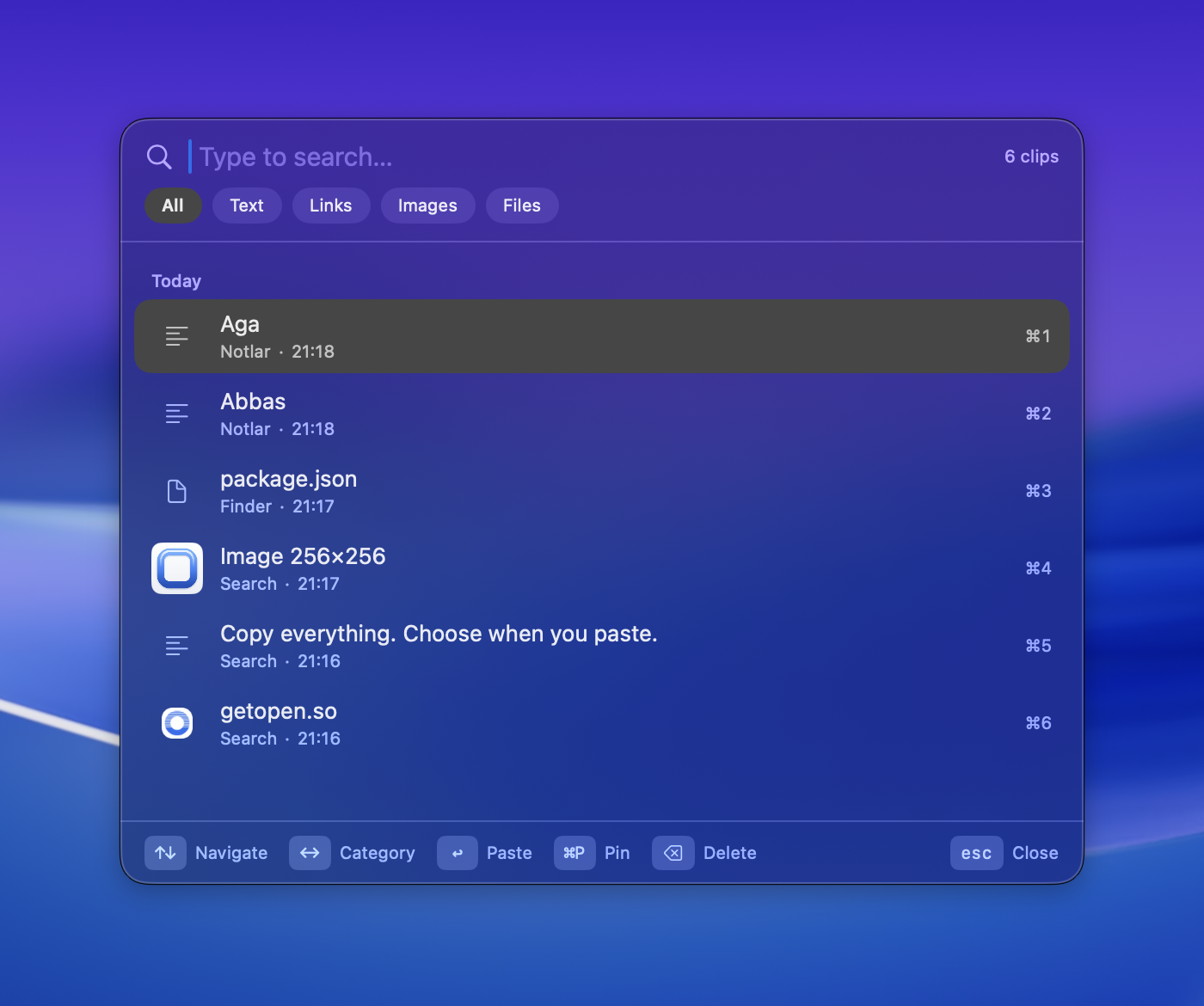 CopyCat paste panel showing categorized clips